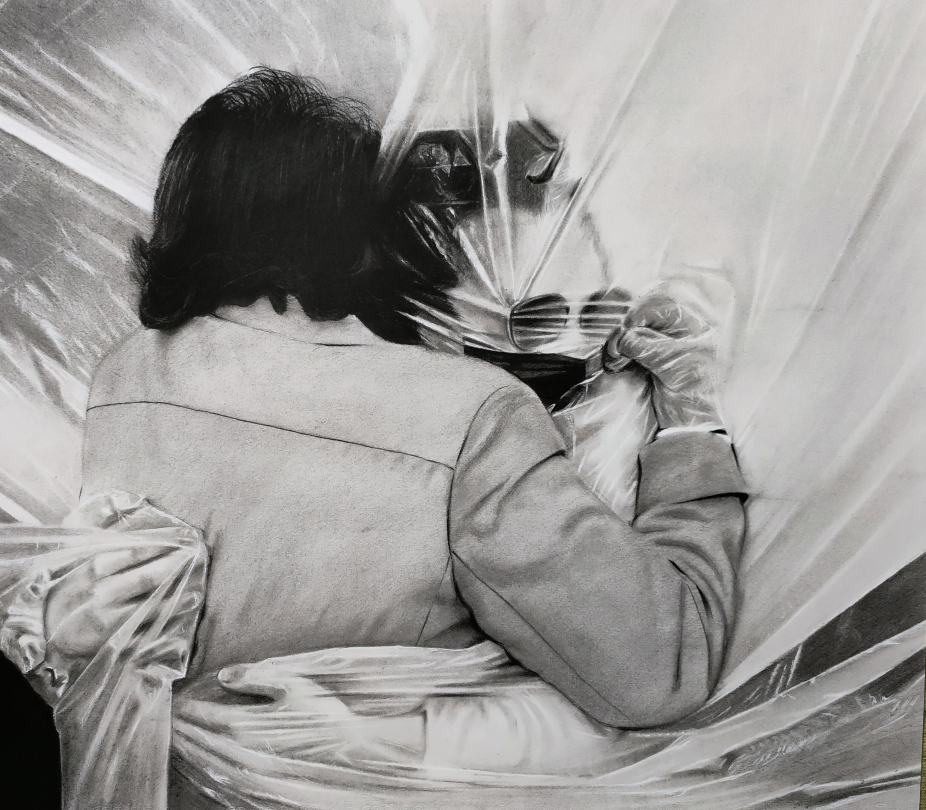 Abdelhak Benallou, "Tendresse distancielle", fusain sur papier, 50 x 56 cm, 2020
