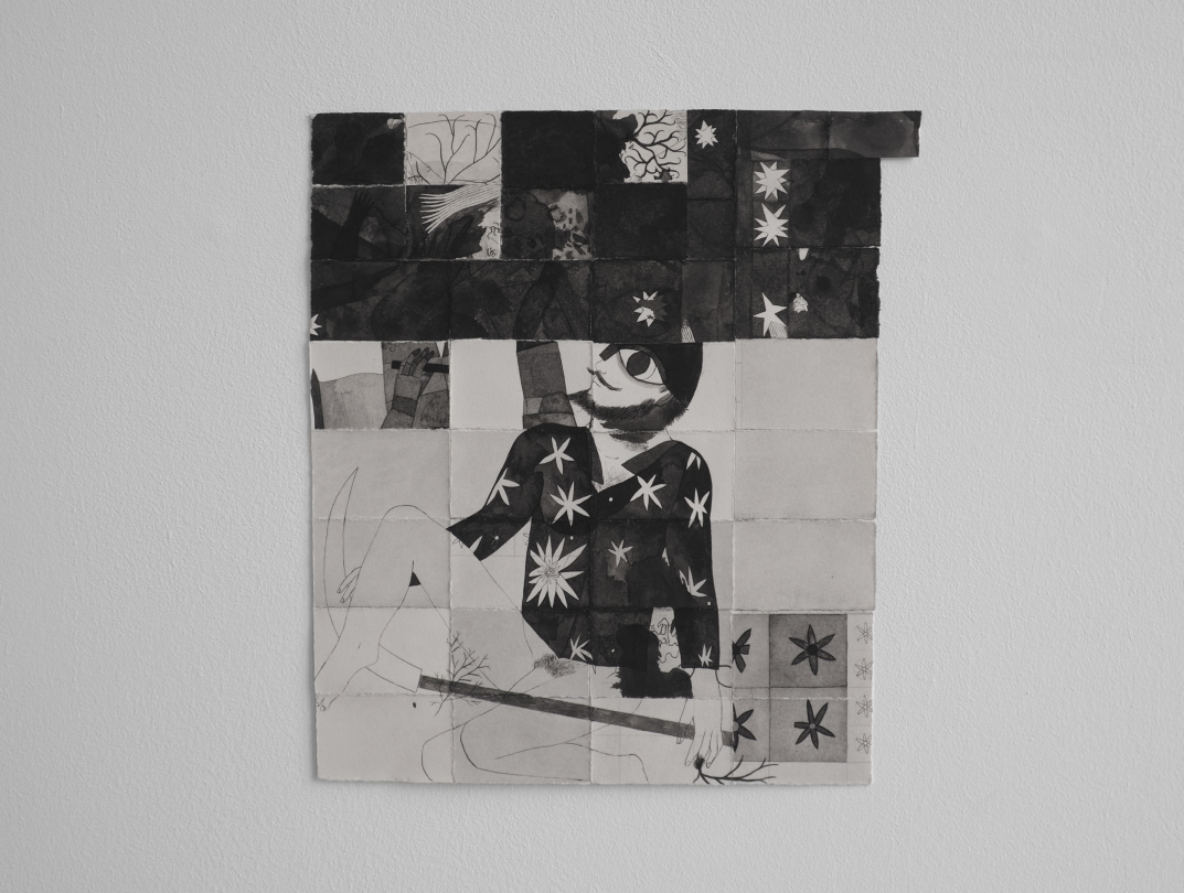 Julien Go, "Tueurs tués (fragment de la chemise étoilée)", dessin à la plume, encre de chine sur carreaux de papier teintés en gris clair et assemblés au dos avec du ruban adhésif,  27 x 24 cm, 2019