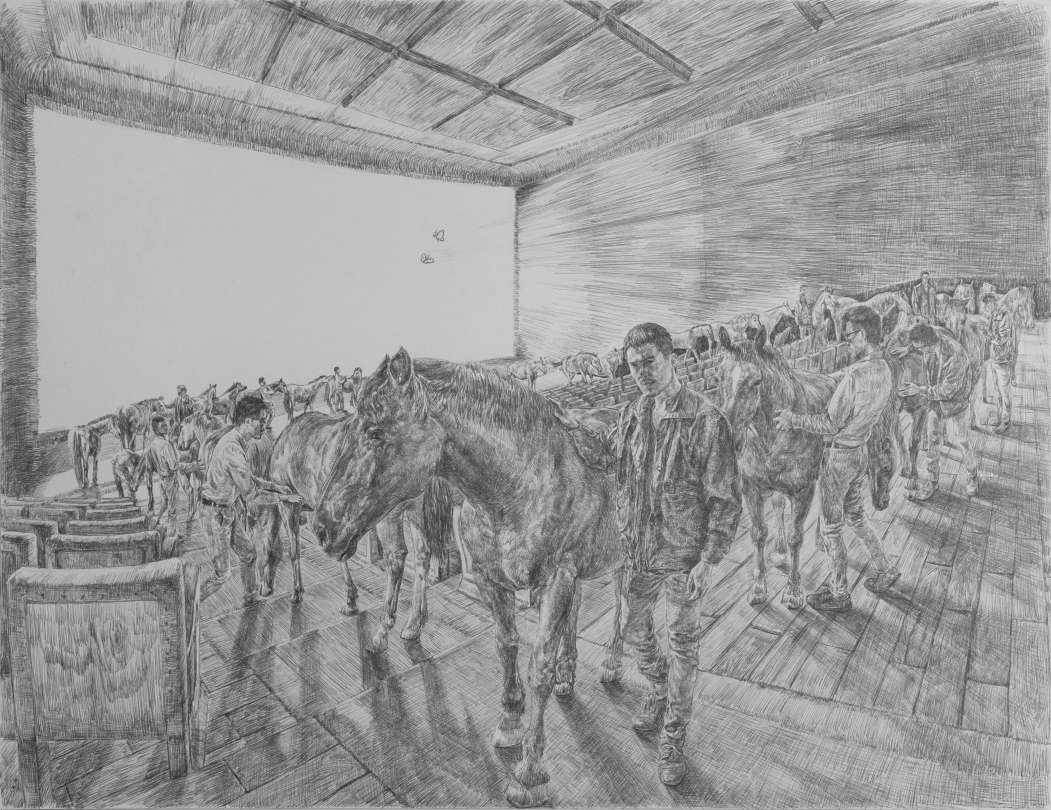 Yuchi Hao, "La rhapsodie du confins : entracte II", crayon à mine, 50 x 65 cm, 2021