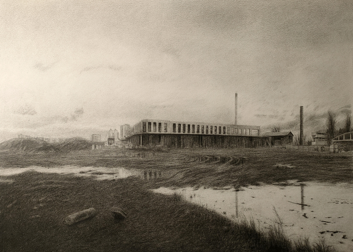 Cynthia Walsh, "Fragilités urbaines n°37 - Ivry", crayon sur papier, 56 x 76 cm, 2020