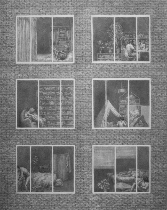 Ji Soo Yoo, "Confinement #2 (Par la fenêtre)", crayon sur papier, 59 x 42 cm, 2020